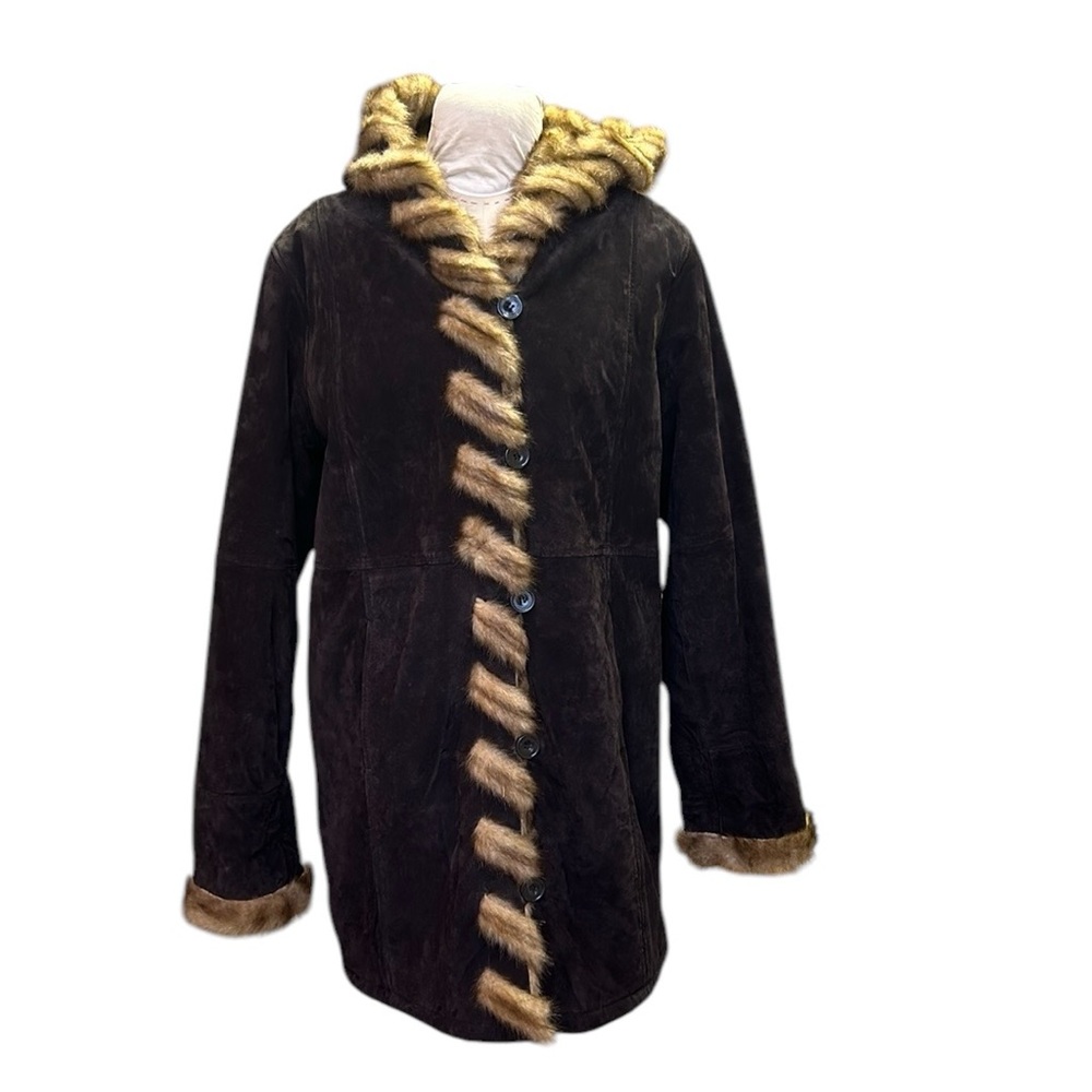 NWOT Vintage Dennis Basso Penny Lane Brown Leather Woven Faux Fur Coat L